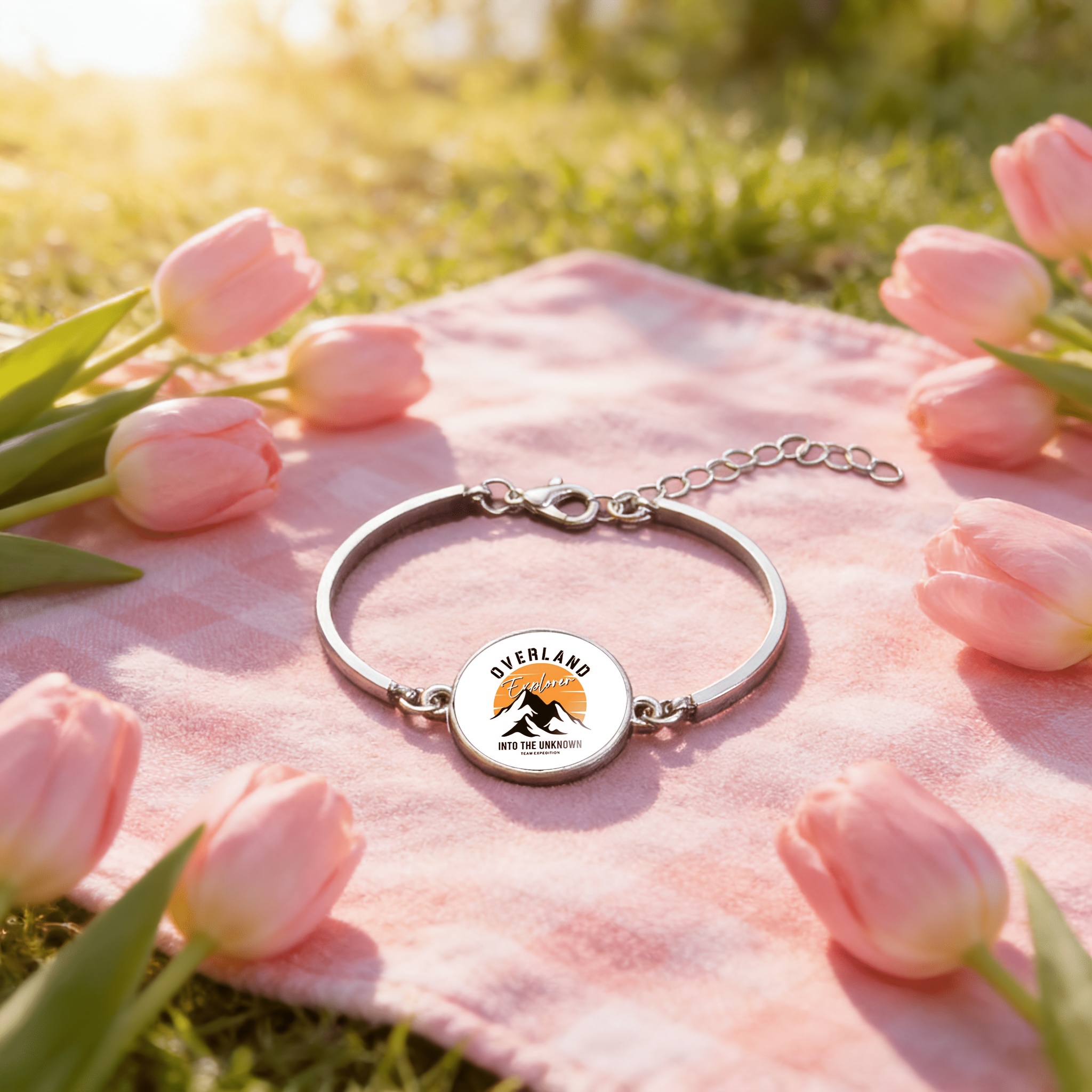 Women's Adjustable Open Bangle with Orange Sunset Peak Design